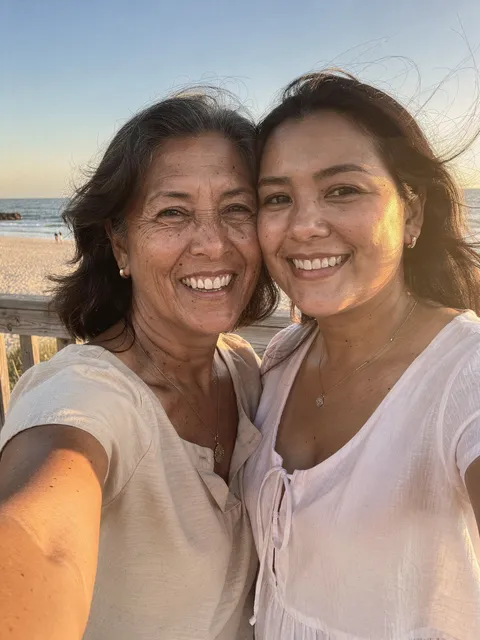 A mother and daughter’s selfie on a balcony by the beach at sunset.
