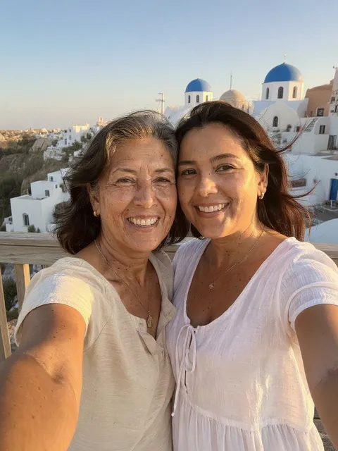 The same selfie in Santorini, with white houses and blue domes behind them.