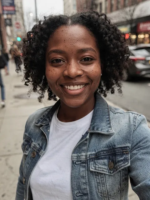 A selfie on a city sidewalk, in a denim jacket.