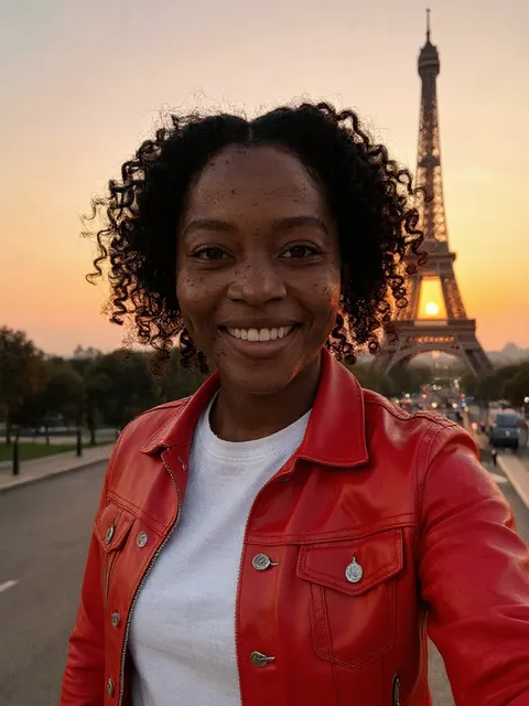 The Paris edit with the denim jacket changed to a red leather jacket.