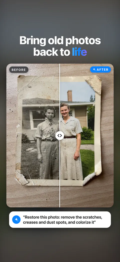 Bring old photos back to life: a scratched, creased black-and-white photo, restored and colorized.