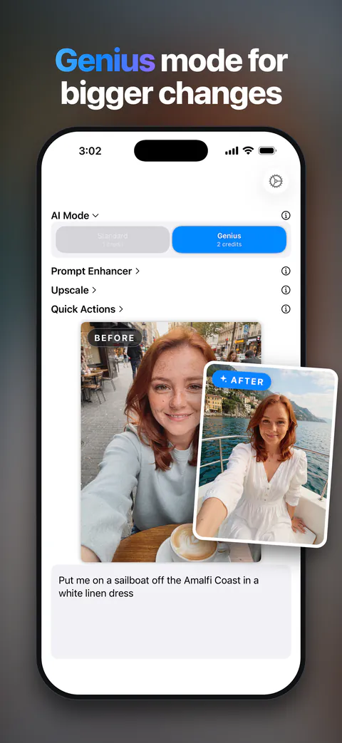 Genius mode for bigger changes: a café selfie becomes a sailboat off the Amalfi Coast.