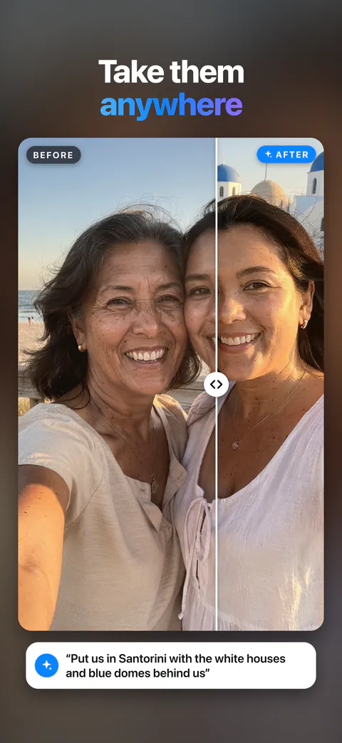Take them anywhere: a mother and daughter’s selfie moved to Santorini’s white houses and blue domes.