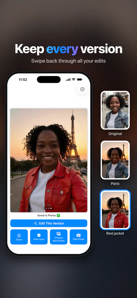 Keep every version: swipe back through the original, the Paris edit and the red jacket.